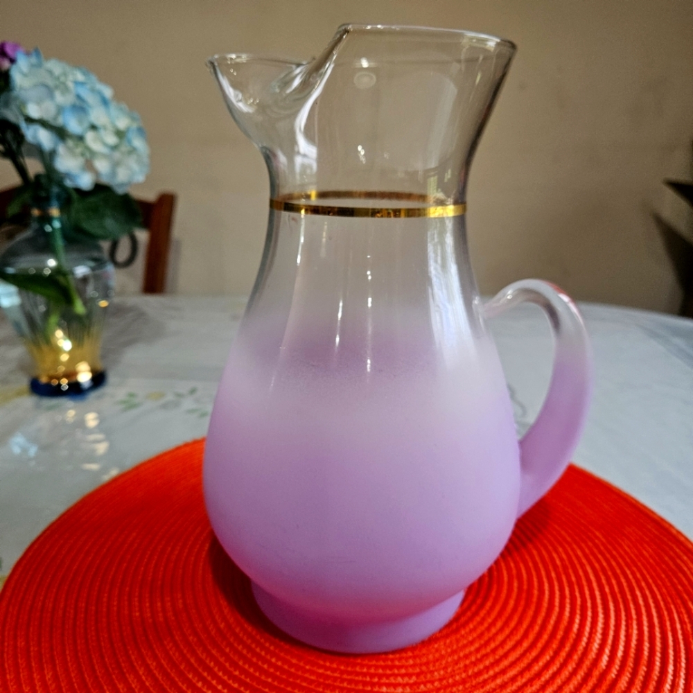 Vintage Blendo Frosted Lavender/ Gold Trim Pitcher  10” MCM 1950's